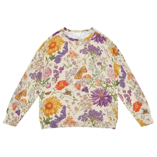 JUNZAN Fall Flowers Lavender Butterflies Beige Big Boys Hoodie Sweatshirt Long Sleeve Tops Clothing Shirts Party 4T