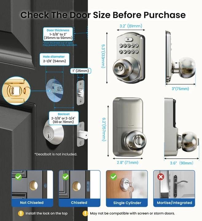 Miniatura 8 de Veise Cerradura de perilla de puerta con teclado, cerradura digital de entrada sin llave con asa, perilla electrónica para puerta delantera y