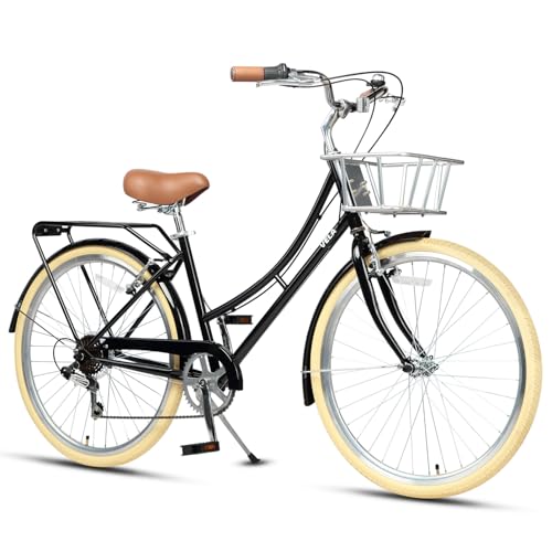 AVASTA Bicicletta Ibrida da da 26 Pollici, Telaio Leggero Step Through Hi-Ten in Acciaio Per Trasporto Urbano, Bicicletta da Città a 6 Marce, Con Cestino in Metallo Con Eleganti Pneumatici Beige Per