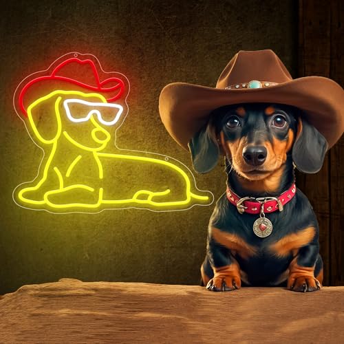 Image of Dachshund Neon Signs for Wall Decor, Dimmable Cute Dog Neon Sign with Cowboy Hat Led Signs for Bedroom Home Party Pet Shop Decor, Birthday Christmas Gifts for Friends Kids Dog Lovers