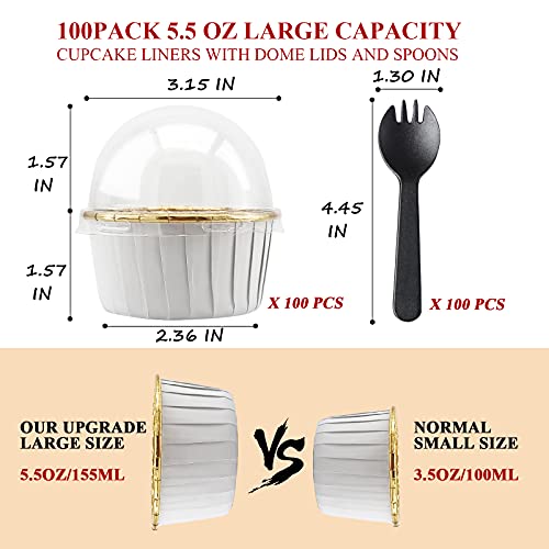 Cupcake Liners With Dome Lids 100 Pack,Lnyzqus 5.5 Oz Foil Cupcake Tins Baking Cups,Disposable Ramekins Muffin Tins,Large Cupcake Cups Cupcake Wrappers Holders,With Spoons-White In Gold #TOP2