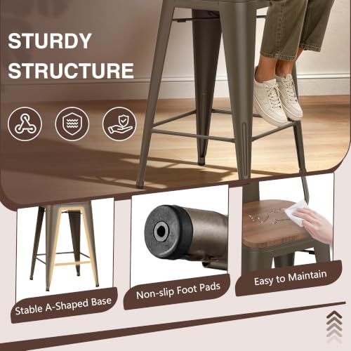 Butacos giratorios de bar de 24 pulgadas, juego de 4 sillas de altura para mostrador con estructura metálica y asiento de madera, estilo granja moderna para isla de cocina o comedor miniatura 5