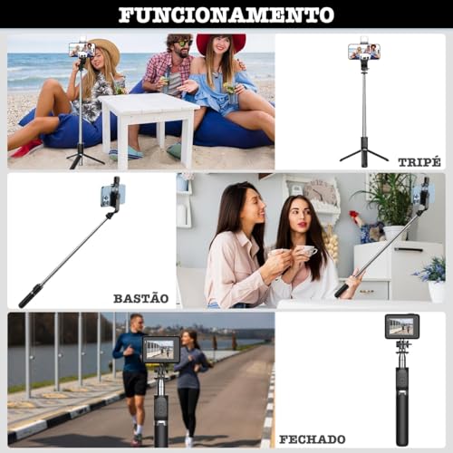 Bastão Pau Selfie Tripé Controle Bluetooth C/Luz Led 70cm