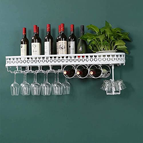 Botellero montado en la pared blanco con cristal invertido para copa de vino y portavasos diseño portabotellas de hierro para bar, bodega, restaurante, hogar, blanco 100 x 25 cm