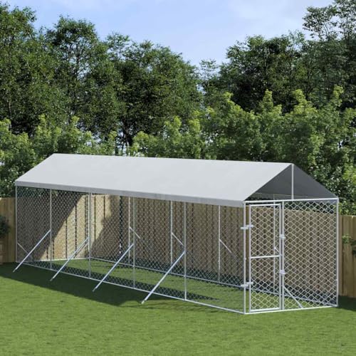 BARULUOAKLIFE Outdoor Dog Kennel Silver Galvanized Steel with Polyethylene Roof, 6.6 x 32.8 x 8.2 ft Weatherproof Shelter for Medium Small Pets, Secure Locking Ventilated Design Easy