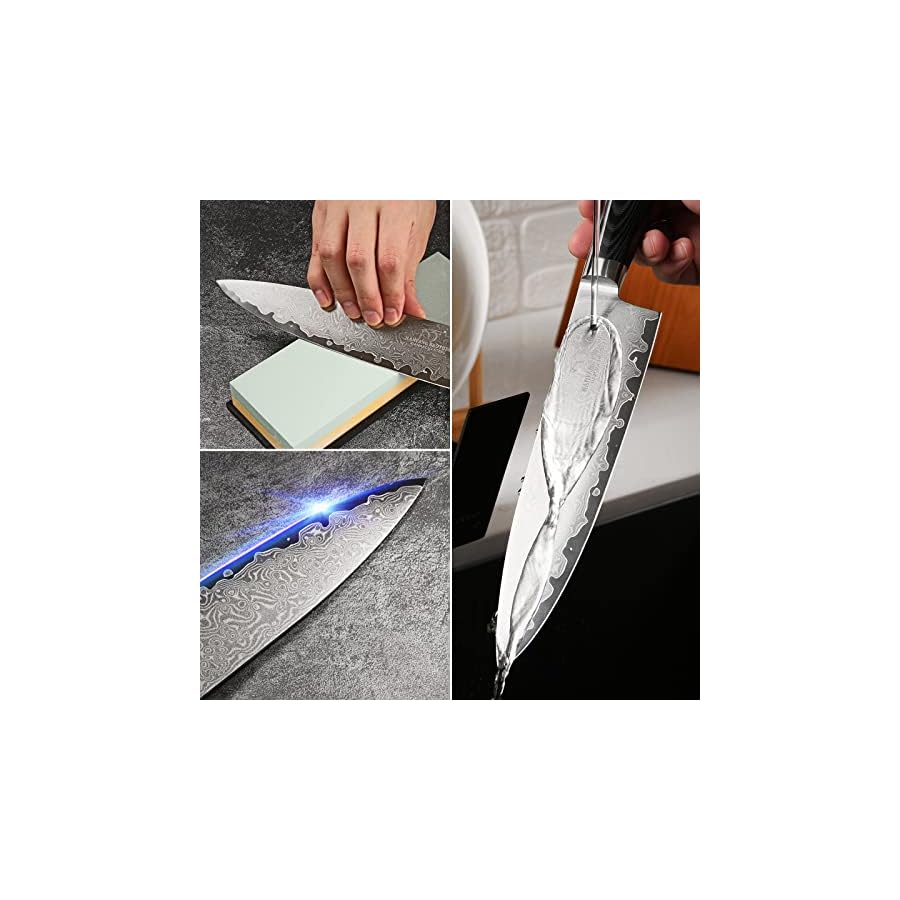 Chefs Knife Set with Gift Box, 4 Pieces Damascus Kitchen Knife Set, VG10 Steel Professional Knife Sets for Chefs, Knife Set with Non-slip Micarta Handle, Knife Sharpener and Chefs Knife