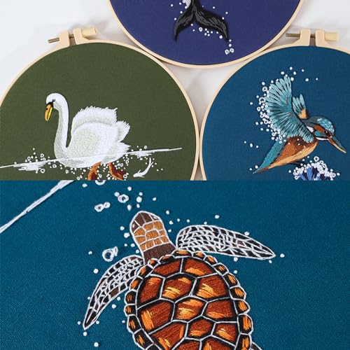 Image of Picoey Embroidery Kit for Beginners with Animal Pattern and Instructions,4 Pack Cross Stitch Kits,2 Wooden Embroidery Hoops,Threads and Needles,Needlepoint Kit