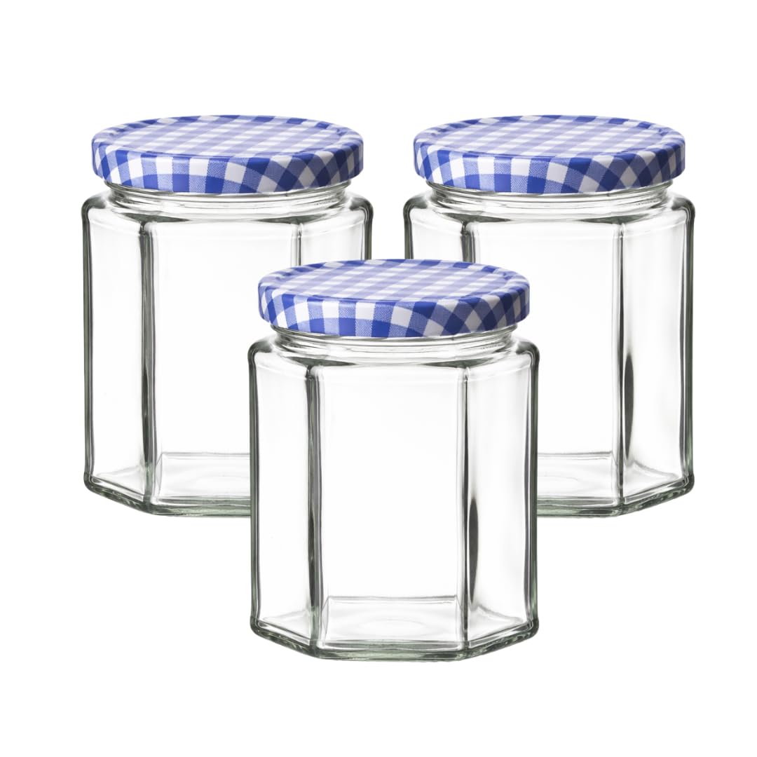 280ml Hexagonal Glass Jars with Twist-Off Lids (Pack of 12, Blue Gingham) | Honey, Jam & Chutney Storage | J&B
