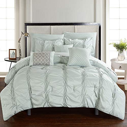 Hnu 10 Piece Contemporary Pinch Pleat Comforter Set Beautiful Soft Cozy Modern Sea Foam Green Ruched Design Luxe King Bed Set Luxurious Plush Smooth Feel Cohesive Polished Bed In A Bag Bedroom Decor #TOP5