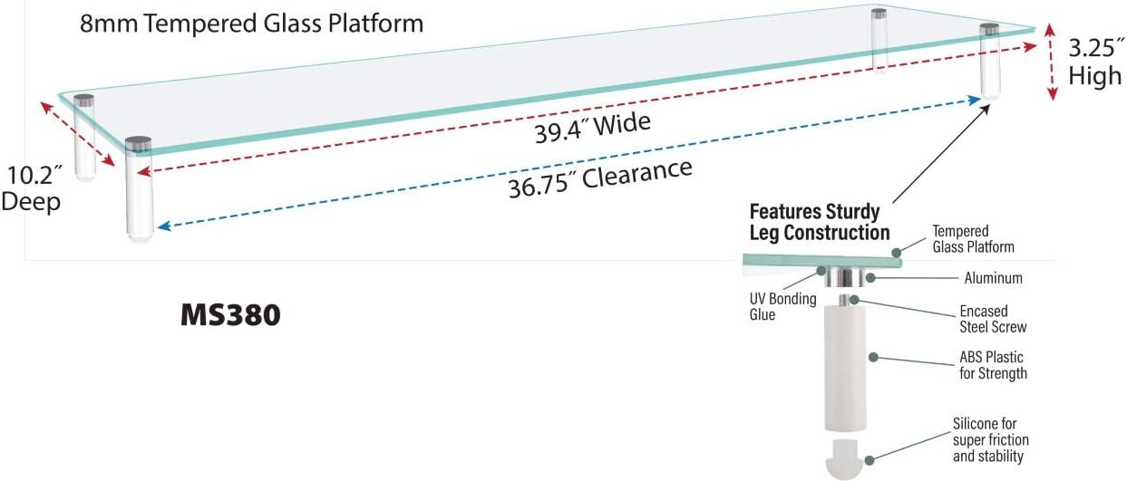 Kantek Extra-Wide Glass Monitor Riser with 8mm Tempered Glass Platform and 60-Pound Capacity, Clear Glass (MS380), 3.3" x 39.4" x 10.2"