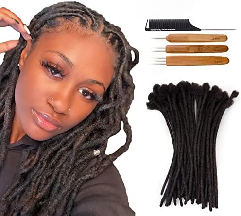 FAMILOCS 100％ Human Hair Loc Extensions 12 Inch 0.6cm Width 70 Strands Full Hand-made Permanent Dreadlock Extensions for Women/Men Can Be Dyed and Bleached, with Crochet Hook and Comb