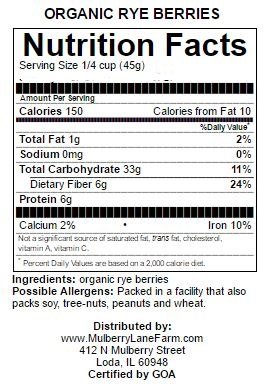 Rye Berries, 5 Pounds USDA Certified Organic, Non-GMO Bulk, Product of USA, Mulberry Lane Farms
