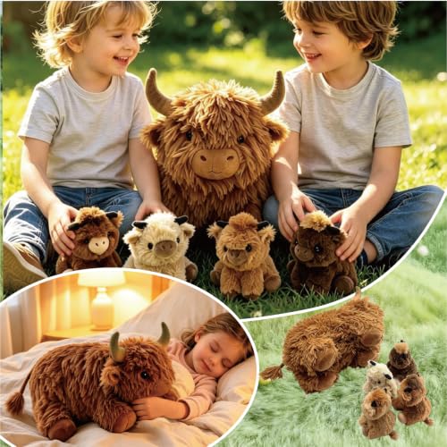 Image of Highland Cow Stuffed Animal，Cute Highland Cow Mommy Stuffed Animal with 4 Baby Highland Cow Plushies in Tummy，Kawaii Highland Cow Plush Toy Gift for Kids Girls Boys