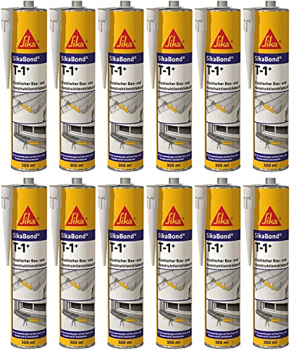 12x SikaBond T1+ Bau- und Konstruktionskleber Polyurethan Montagekleber PU Kleber 300ml Kartusche (Betongrau)