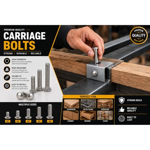 Image of By inchVP INDUSTRIES inch (Pcs-15) 1 /4 inchx3 /4 inch Carriage Bolts Round Head Square Neck, High Strength Steel Fasteners for Furniture, Door Fittings, Wood Board Joining, Cabinets, Cupboards, Chairs & Beds