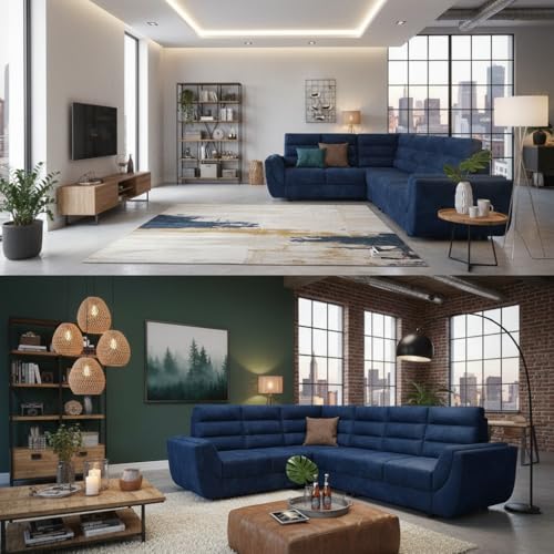 Image of APRODZ Wooden Sofa Set 6 Seater for Living Room, Solid Wood L Shape Sectional Sofa with Velvet Fabric Upholstery, Cushioned Seating for Home, Office & Lounge, Blue