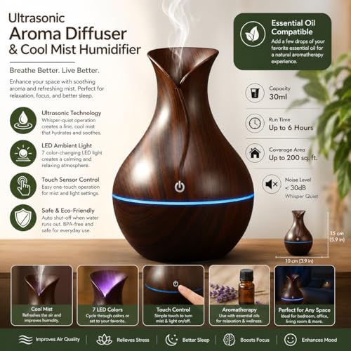 Image of DEVER Ultrasonic Aroma Diffuser & Cool Mist Humidifier for Home Bedroom | Essential Oil Compatible Air Humidifier with LED Ambient Light | Wood Grain Finish | Touch Control | 30ml Capacity