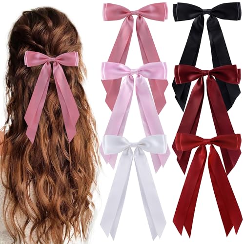 hisial 6Pcs Hair Bows Clips for Hair Silky Satin Ribbon Alligator Barrettes French Hair Ponytail Holders Cute Accessories for Women Girls(Black/White/Pink/Red)