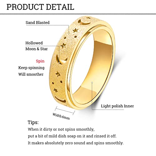 OreilleStar Anxiety Ring for Women Fidget Ring Spinner Rings Stainless Steel Moon Star Fidgit Ring for Women Gold Plated Size 6 - Image 5
