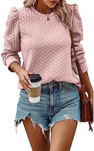 PRETTYGARDEN Women's Puff Sleeve Sweatshirts 2025 Fall Fashion Casual Crewneck Solid Twist Texture Pullover Tops