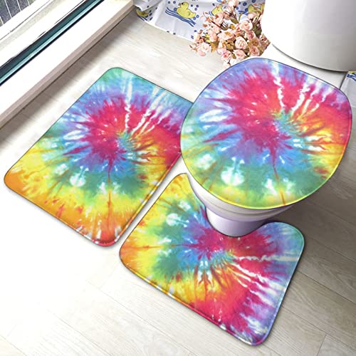DIRYKILP Badematte + Konturmatte + Toilettendeckelbezug, Regenbogen Batikfärbung 3 Stück Badematte Set, mit rutschfester Klebeunterseite
