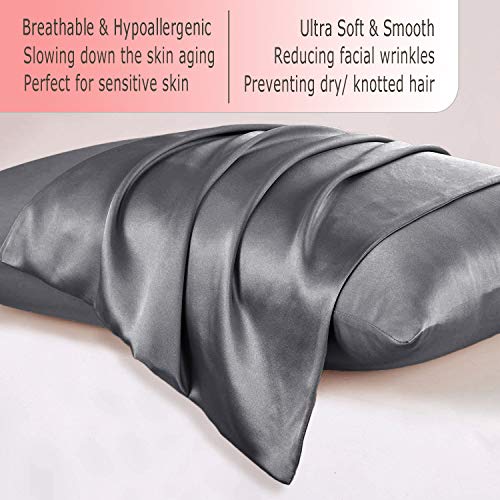 Ravmix 100% Pure Natural Silk Pillowcase for Hair and Skin with Hidden Zipper Standard Size 21 Momme 600TC Hypoallergenic Soft Breathable Both Sides Silk, 20×26inches, 1PCS, Space Gray
