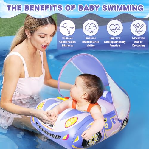 Baby Schwimmring mit Sonnendach Ninonly UPF50+ Schwimmring ab 1 Jahr mit Steuerrad Baby Schwimmreifen 6 Monate Für Babys, Kleinkinder ab 1-4 Jahr Violett
