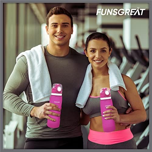 FUNSGREAT Collapsible Silicone Water Bottle 750 ML - Reusable BPA Free Foldable Sports Bottle with Hook - Lightweight Folding Water Bottle - Leak Proof Valve - Outdoor Travel Sport Camping (Pink)