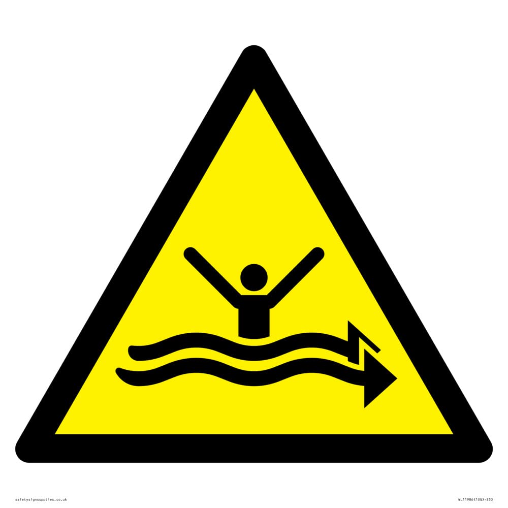 W057 Warning: Strong currents Sign - 300x300mm - S30, Yellow/White