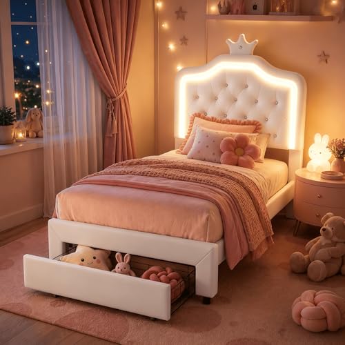 BRILVERDE Cadre de Lit Enfant 90x200 cm avec Couronne LED, Lit Rembourré Rose avec Tiroir de Rangement, Tête de Lit Réglable en Hauteur et Sommier à...