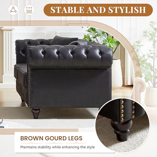 Image of Modern Chesterfield Sofa Couch, 85.5-inch Faux Leather 3-Seater Sofa with Rolled Arms and Tufted Button for Living Room, Office, Black