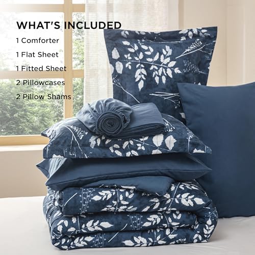 Image of Bedsure Floral Navy Comforter Set, King Bedding Sets, 7 Piece | Bed in a Bag, Comforters, Bedroom, Reversible, Fluffy, Whisper-Quiet, All-Season, Polyester, Easy Care, Botanical-Chic, OEKO