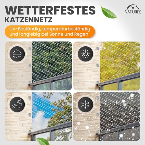 Naturiz® Katzennetz für Balkon ohne Bohren inkl. Klebehaken & Silikonkleber – Katzenschutznetz für Balkon & Fenster, Katzennetz transparent - Taubennetz, Katzenschutznetz, Katzengitter (3x4m)