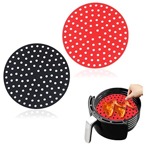 NITAIUN 2 Pieces Non-Stick Air Fryer Liners, 8 inch Round Round Reusable Silicone Air Fryer Mats Heat Resistant Steamer Mats BPA Free Perforated Mats, Air Fryer Accessorie (Red, Black) Cover