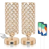 Ganiude Touch Control Crystal Table Lamps Set of 2, Nightstand Gold Lamps with 2 USB Charging Ports,...