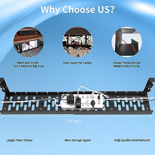 Bandeja porta cable extensible de 79 cm para debajo del escritorio, bandeja metálica para gestión de cables con abrazadera, soporte extensible para cables y regletas de alimentación miniatura 5