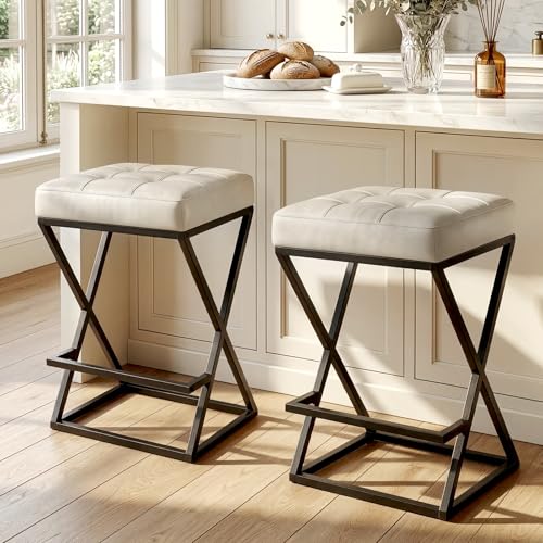 Image of Bar Stools Set of 4, 26 Inch Counter Height Faux Leather Cream White