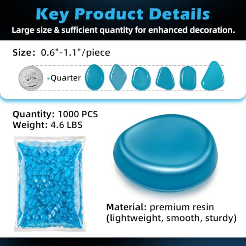 Image of NAMTSO Blue Glow in the Dark Rocks Outdoor Garden Decor, 1000 pcs, 4.6 lbs | Large 0.6 inch-1.1 inch /pc, Resin Glowing Pebbles, Luminous Stones for Landscaping, Patio, Backyard, Lawn, Aquarium & Fish Tank Decor