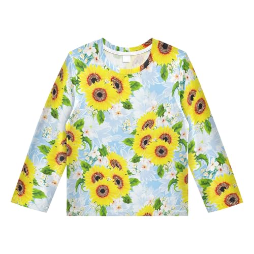 Sunflower Blossom Floral Blue Rash Guard Shirt for Boys Sun Protection Shirt for Beach Pool Sport UPF50+ 7-8T
