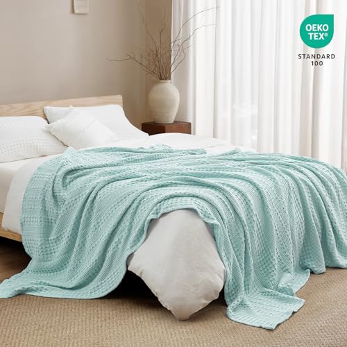 Image of PHF 100% Cotton Waffle Blanket King Size for Bed, Lightweight Breathable and Soft for Summer, Luxury Aesthetic Waffle Weave Blanket for Home Decor & Gifts for Women, 108 inchx90 inch, Mint