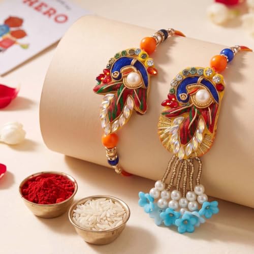 Image of ascension Premium Designer Bhaiya Bhabhi Couple Rakhi Bracelet Set Ethnic Raksha Bandhan Gift with Roli Tilak & You are My Hero Fridge Magnet