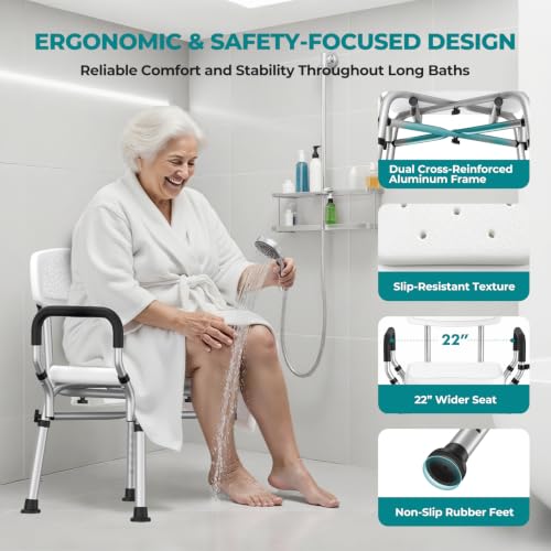 Image of Shower Chair for Inside Shower with Arms & Back, 550 lbs, 6 Heights | Dual Crossbar Frame, Non-Slip Feet, 22-Inch EVA-Cushioned Seat, Showerhead Holder, Rust-Resistant Aluminum, Tool-Free Setup
