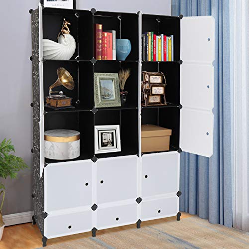 VINGLI Cube Storage Organizer, Plastic Closet Cabinet, DIY Plastic Modular Book Shelf Unit, Cube Shelves with Doors and Hanging Rods,12 Cubes