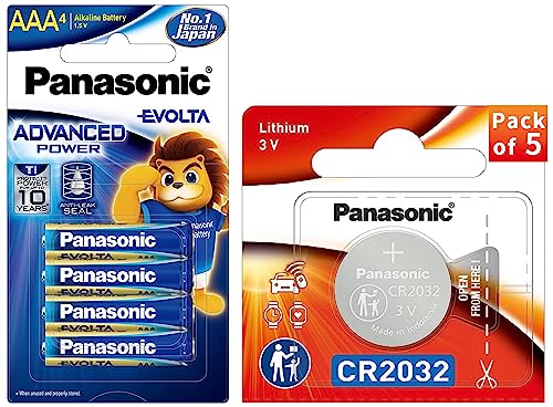 Image of Panasonic CR-2032 Lithium Coin Battery 3v - Pack of 5 Provide Long Lasting Power && Evolta Alkaline Advanced Power, Extra Power Formula, no Mercury add, Anti-Leak Seal, Protects Power