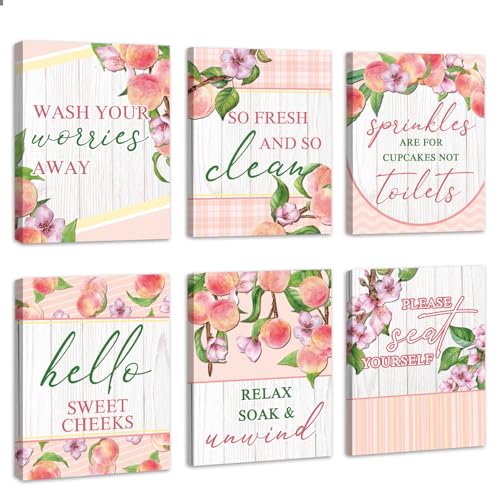 HOURIA 6pcs Framed Watercolor Peaches Bathroom Canvas Wall Art,8 *