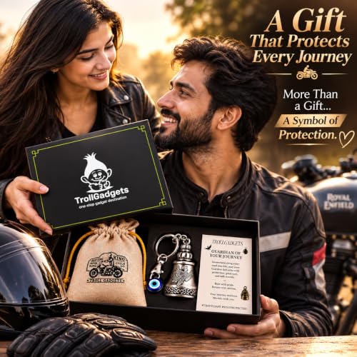 Image of TrollGadgets Premium Guardian Bell Keychain for Bike & Car | Tibetan Texture Bell Keychain with Evil Eye & Silver Hook | Good Luck Charm with Laser-Engraved Box And Potley