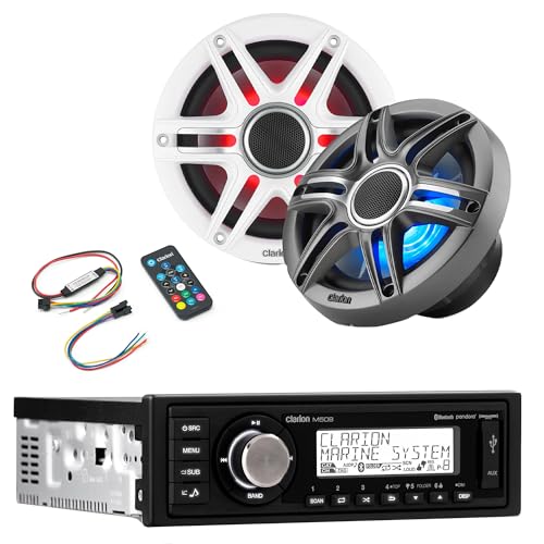 Clarion M508 Marine Single Din with CMSP-651RGB-SWG 6.5-inch Premium Marine Coaxial Speakers, Sport Grilles RGB LED & Lighting Remote