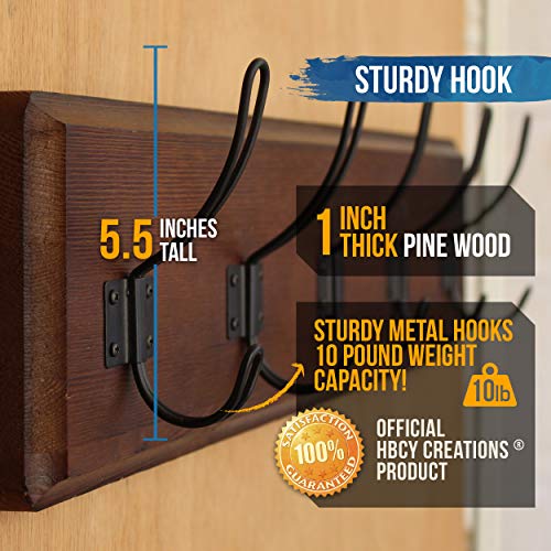 HBCY Creations Dark Wash Brown Rustic Coat Rack Wall Mount with 5 Hooks, Solid Pine Wood 24 inch Wall Hooks for Entryway, Mudroom, Hallway, Bathroom - Vintage Farmhouse Style Wall Mounted Towel Rack - Image 4