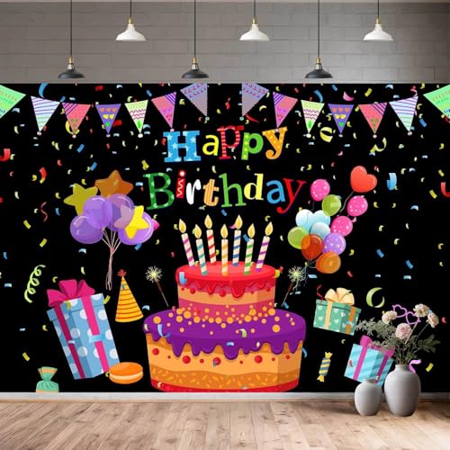Image of 8X6ft Colorful Happy Birthday Backdrop, Birthday Party Backdrop with Cake, Balloons, Gifts & Confetti for Kids & Adults Black Photography Background,Banner Photo Shoot Studio Props
