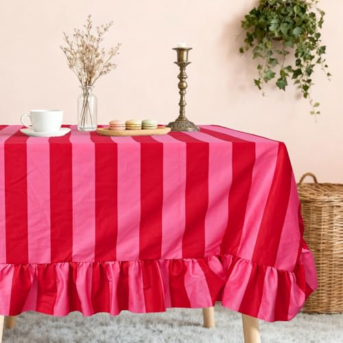 JarThenaAMCS Ruffle Velvet Tablecloth Table Cloth Boho Pink Red Striped Rectangle Decorative Table Cover for Home Kitchen Baby Shower Party Wedding Decor, 55 x 70 Inch